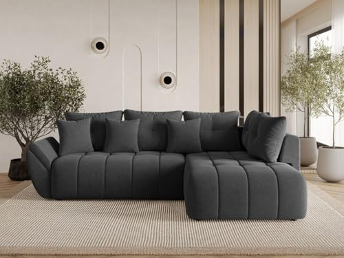 GRAINGOLD Genoa Ecksofa mit Schlaffunktion und Bettfunktion, 266x190 cm, L-Form Sofa, Schlafcouch für Wohnzimmer, Veloursstoff, 3-Sitzer Eckcouch, Ecksofa mit Stauraum (Anthrazit)