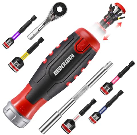 GEINXURN Ratschen Schraubendreher und Magnetischer Bithalterung 19tlg Mini-Ratschenschlüssel für Heimwerker-Reparaturen Inkl. 13-tlg Bitsatz (PH/PZ/Torx/Hex)