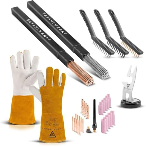 STAHLWERK WIG Zubehör-Set – Brennerhalter mit Magnetfuß, Drahtbürsten Set 220 mm, Schweißhandschuhe, WP-26 WIG Verschleißteile Set 26-tlg., 2 x WIG-Schweißstäbe 2,4 mm (Stahl, Edelstahl)
