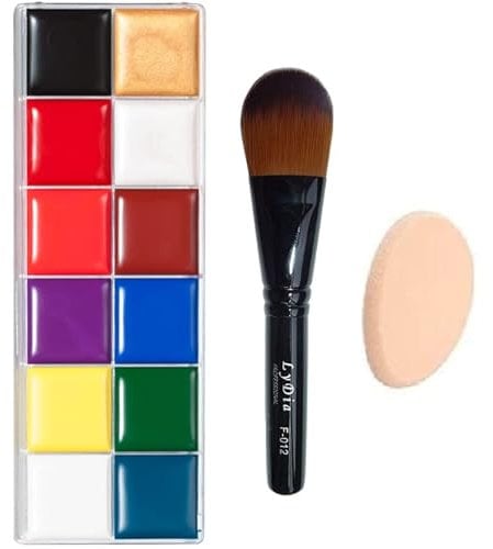 12 Colours Face Body Oil Paint Cream Palette Halloween Goth Vampire Stage Makeup + LyDia® Foundation/Contour Makeup Brush + FREE Mini Sponge Beauty Blender
