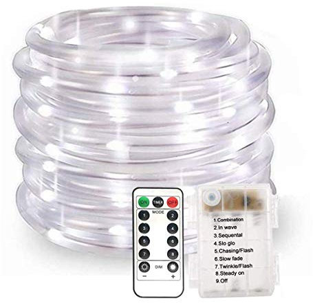 KINGCOO 100LED Lichterschlauch Seil Lichter, Wasserdichte 33ft/10M 8 Modi Batteriebetriebene Streifen Fee Lichterketten für Innen/Außen Garten Weihnachten Dekolicht(Weiß)