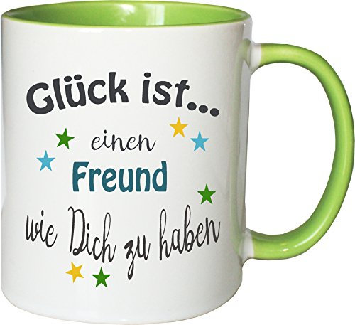 WarmherzIch Becher Tasse Glück ist…. Freund Kaffee Kaffeetasse liebevoll Bedruckt Buddy Bro Kumpel Weiß-Grün