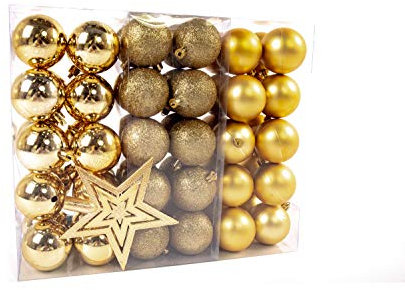 Lifestyle & More Weihnachtskugeln Christbaumkugeln Set 61 teilig mit nur Großen Kugeln Ø 6 cm Gold inklusive Sternspitze und passenden Anhängern