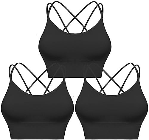 Sykooria Sport BH Damen Gepolstert Bustier Damen BH ohne Buegel Spaghettiträger Cross Back Design Push up BH Sport Bra Top für Yoga Fitness, Schwarz 3 PCS S