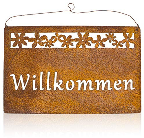 B2S BACK2SEASON Metall Tafel Willkommen Rost-Finish Blüten Blumen Metall Schild Hallo Wellcome Garten Dekoration hängen Wandschild Schriftzug Gartendekoration Edelrostdeko antik Nostalgie braun B30cm