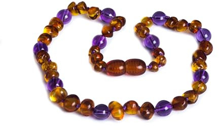 Baby J's - Cognac and Amethyst Amber Necklace - 100% Baltic Amber & Semi-Precious Stones - Knotted to Prevent Scattering - With Gift Pouch and Certificate of Authenticity - 32cm