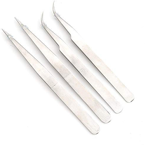 Pince Brucelle, 4 pièces Brucelles pinces brucelles pinces surjeteuses pince courbée avec embouts dentelés pince courbées et dentées Embout de pince droite Brucelles antistatiques incurvées