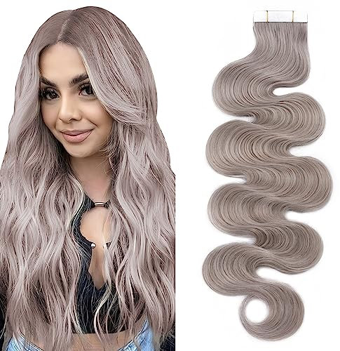 SEGO Tape Extensions Echthaar GEWELLT 24zoll/60cm 20 Stück Klebeband Haarverlängerung 100% Remy Haar 50G mit 10 PCS Ersetz-Tape Grau