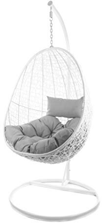 Kideo® Komplettset: Hängesessel mit Gestell & Kissen, Indoor & Outdoor, Poly-Rattan, Lounge (Gestell- und Korbfarbe: weiß, Kissen: grau Chester-Stepp (8008_Cloud))