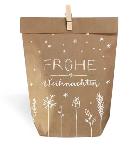 Eine der Guten Weihnachtstüten, Geschenktüten Set - Frohe Weihnachten, mit 24 gestempelten Kraftpapiertüten & Mini-Holzklämmerchen, Geschenkverpackung für Plätzchen & Weihnachtsgeschenke, 14 x 22 cm