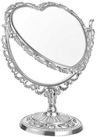 1 x doppelseitiger Make-up-Spiegel aus Kunststoff, Retro-Stil, Herzform, Make-up-Spiegel mit geprägter Hohlblume, für Kommode, Schminktisch, Badezimmer, Schlafzimmer (silberfarben)
