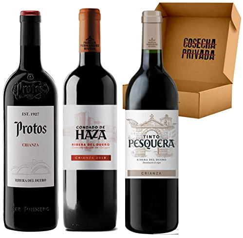 Pack Regalo Vino Ribera del Duero Gourmet 3 botellas. Envio 24h - 1 Protos Crianza, 1 Pesquera Crianza y 1 Condado de Haza Crianza. Seleccionado y Enviado por Cosecha Privada
