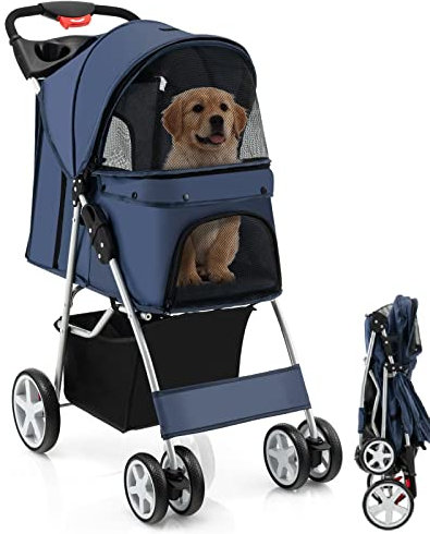 Maxmass Travel Pet Stroller, Foldable Small Medium Sized Dog Cat Trolley with Storage Basket, Safety Belt and Cup Holder, 4 Wheels Puppy Pushchair (Blue)