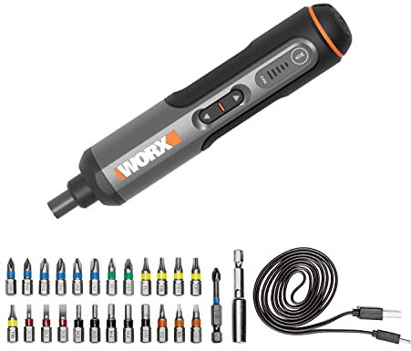 WORX 4V Mini Tournevis Electrique sans fil WX240, Jeu de Tournevis de Précision 1,5 Ah, 3 Vitesses,Lumière LED, Nombreux Accessoires inclus