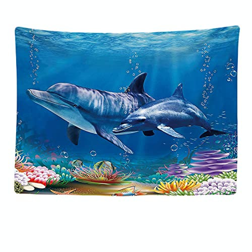Ulticool - Delphin Meer Koralle Delfine - Wandteppich - 200x150 cm - Großer Tapisserie - Poster Verzierung - Kinderzimmer Zubehör - Deko für Mädchen und Jungen - Malerei - Vorhang - Bettdecke