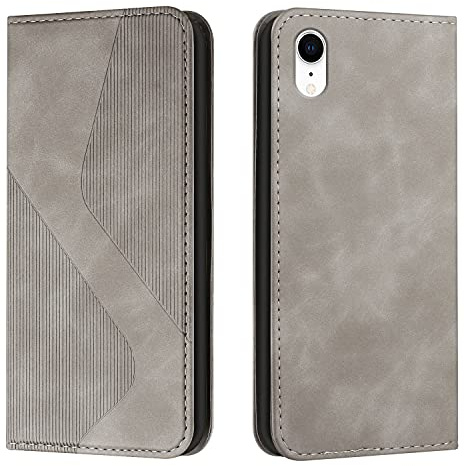 Mo-Somnus Kompatibel mit iPhone XR Hülle, Magnet PU Leder Flip Wallet Case Tasche Handyhülle, Stoßfeste Schutzhülle iPhone XR (6,1 Zoll) Brieftasche Klapphülle mit [Kartenfächer] (Grau)