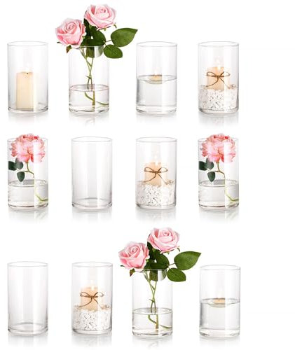 Vases Cylindriques en Verre pour DéCoration de Table, Hewory 12pcs Ronds Clear Vase Set for Wedding Events Centerpieces, Hurricane Candle Holders for Pillar Floating Candles, Living Room Home Decor
