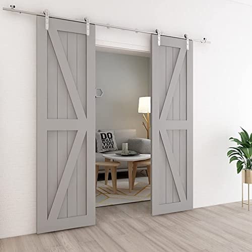 Schiebetürbeschlag Edelstahl Doppeltür 244cm Schiebetüren Schiebetürsystem Komplettset Laufschiene Rollen Set für 2 Holztür 61cm Breit, I Form