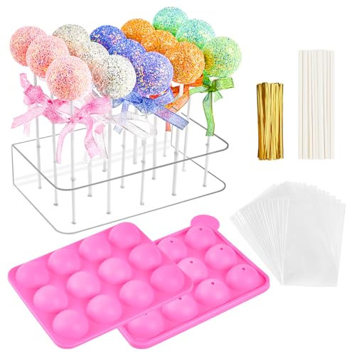 Cake Pop Maker Set, 15 Löcher, transparenter Acryl-Lollipop-Display-Ständer mit 12 Mulden, rosa Silikon-Cake-Pop-Form, Süßigkeiten, Gelee und Schokolade