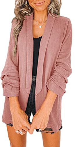 Onsoyours Femme Blazer Élégant Veste Pas de Boutons à Manches 3/4 Veste Blazer Slim Fit Veste Tailleur Solide Blazers Jacket Manteau avec Poches A Rose L