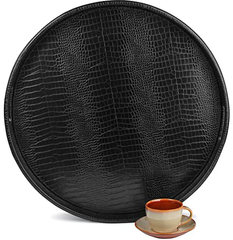 HofferRuffer Extra großes rundes Serviertablett, Elegantes Kunstleder-Tablett mit Griffen, zum Servieren von Tee, Kaffee oder Frühstück im Bett, Durchmesser 60 x 6 cm Höhe (schwarz)