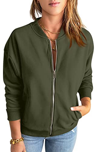 GeGekoko Sweat-shirt zippé pour femme - Veste surdimensionnée - Couleur unie - Manches longues - Haut avec poche, Vert armée., XL