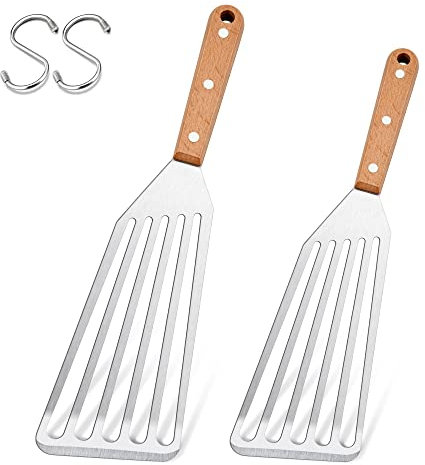 Herogo Fish Spatula, 2 Pieces Stainless Steel Fish Turner with Wooden Handle, Metal Slotted Spatula Turner for Flipping, Frying and Grilling, Attached S-Hooks, Dishwasher Safe (27cm & 31.5cm)