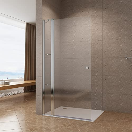Duschabtrennung Duschwand Glas 115 x 197 cm Walkin Dusche Duschtür rahmenlos Drehtür Schwingtür mit Festteil und Eckregale begehbare Dusche Glaswand Echtglas 6 mm Nanobeschichtung | ohne Magnetprofil