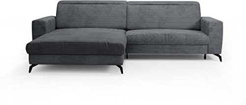 CAVADORE Ecksofa Bounce mit Cord-Bezug / Eckcouch mit Schlaffunktion, Bettkasten + Kopfteilverstellung / 290 x 88-108 x 178 / Breitcord, Grau