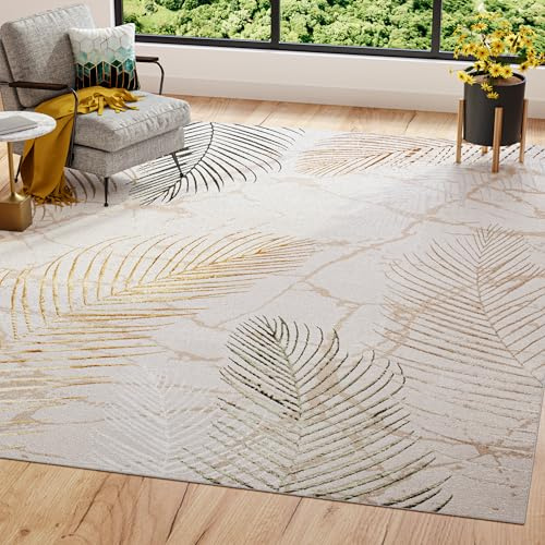 TAPISO Golden Teppich Wohnzimmer Kurzflor Schlafzimmer Luxuriös Creme Gold Grün Blätter Meliert Verwischt Modern Design ÖKOTEX 200 x 300 cm