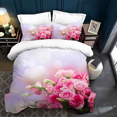 TSOPEFI Rosen Bettwäsche 135x200cm 3D Rot Rose Bedruckte Bettwäsche Set 3 Teilig mit 2 Kissenbezug für Mädchen Erwachsene (200x200cm, A)