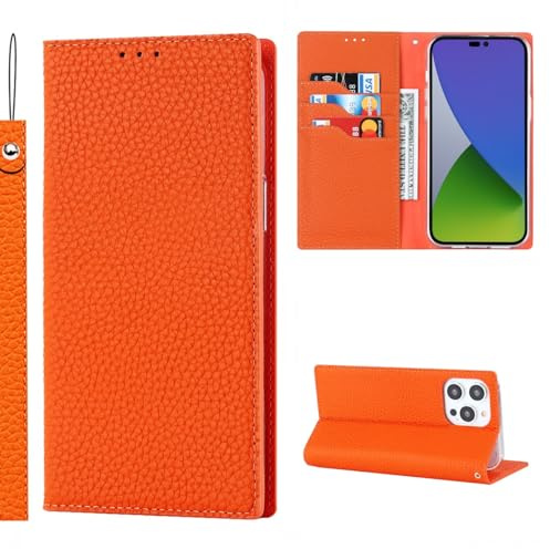 Cavor Phone Case Compatible for iPhone 15 Pro Max,Genuine Leather Flip Wallet Case,[3 Card Holders][Magnetic Closure][RFID-Blocking][Lanyard],Protective Case Cover for iPhone 15 Pro Max - Orange