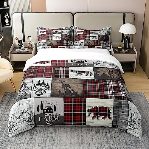 Housse de Couette Chasse À l'ours, Parure de Lit 240x260 en Coton Biologique pour Adolescents Garçons Filles, Ensemble de Literie À Carreaux Buffalo Plaid pour La Cabine, Marron Rouge