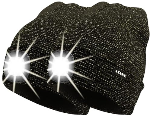 ATNKE 2Pcs Neue Warme LED beleuchtete Mütze,Unisex USB wiederaufladbare Laufmütze Ultra Bright 4 LED wasserdichte Lichtlampe Mehrfarbig/Blended Black Goldwire
