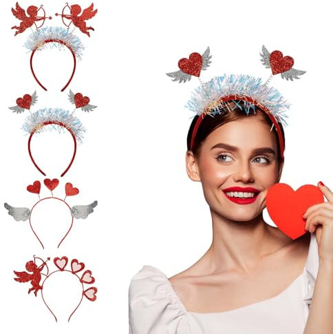 DATIFF 4 pcs Herz Haarreif Glitter Rot Stirnband Engelsflügel Kopfschmuck Amor Haarband Herzförmiges Stirnbänder für Kinder Erwachsene Valentinstag Hochzeit JGA Karneval Party Zubehör Geschenk