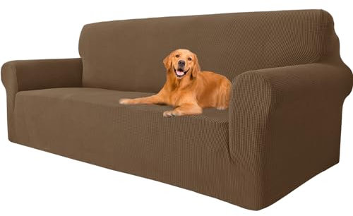YSTELLAA High Stretch Sofa Überzug 3 Sitzer, Couch Bezug rutschfest, Universal Sofahusse Elastische, Couchüberzug Sofaschutz Katze Durable, Waschbare Sofa Covers Mit Armlehnen, Braun