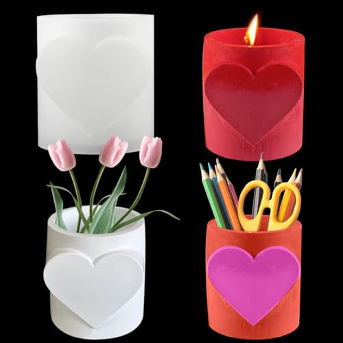 HyzaPhix Silikonform Kerzenhalter, Gießformen Silikon Kerzen, Epoxidharz Formen Blumentopf für Beton Gips DIY Stifthalter Kerzenhalter Vase Blumenvase (Herz)
