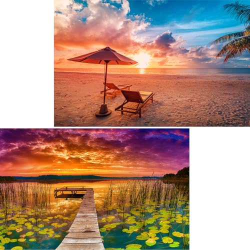 2 Pack Puzzles for Adults 1000 Pieces Hawaii Beach Sunrise and Colorful Lake at Sunset Puzzles, National Parks Jigsaw Puzzles for Adults 1000 Pieces and Up