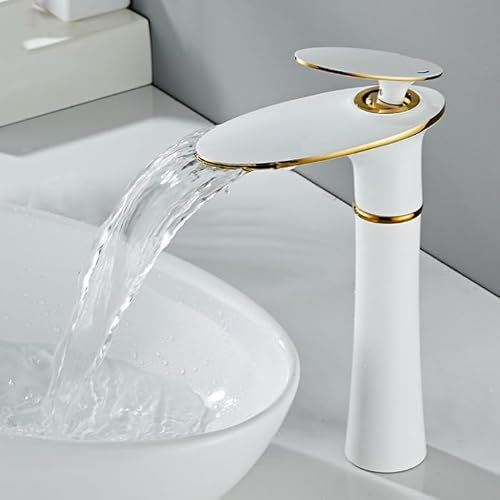 ZYCDP Mitigeur Lavabo Salle de Bain Cascade Robinet de Lavabo Blanc et Or Robinet Mitigeur Monocommande Mitigeur Lavabo Chaud Et Froid, Haut