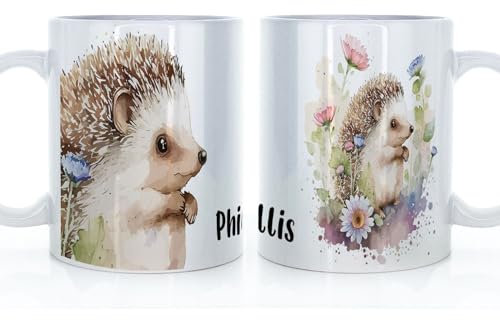Personalised Mug and Belgian Milk Chocolate/Hot Chocolate Stirrer Marshmallow Gift Set, Custom Name (11oz) White, Yellow, Blue, Black, Pink Mug with Hedgehog Floral White Daisy Design, Hedgehog Mug
