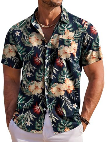COOFANDY Men's Hawaiian Shirts Short Sleeve Navyblue Flower L