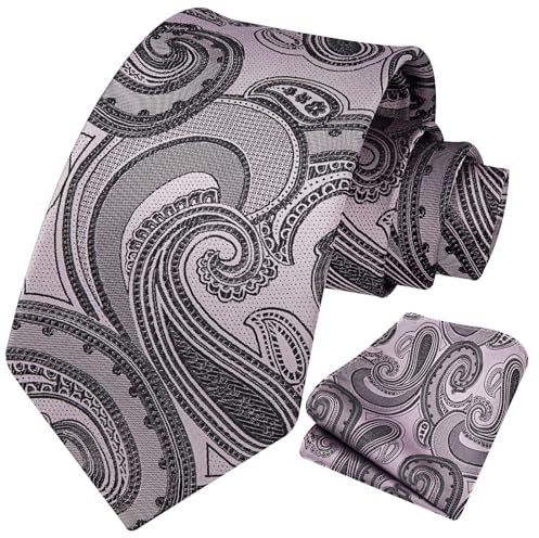 HISDERN Krawatte Herren Paisley Krawatte und Einstecktuch Set Krawatten Grau Rosa