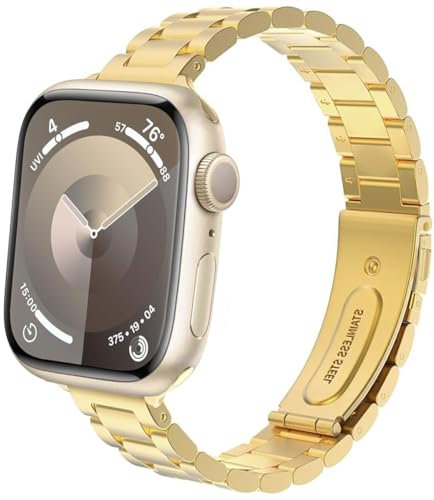 DEALELE Correas compatibles con Apple Watch de 42 mm, 41 mm, 40 mm, 38 mm, correa de repuesto delgada de metal de acero inoxidable para iWatch Series 10/9/8/7/6/5/4/3/SE para mujeres y hombres (dorado