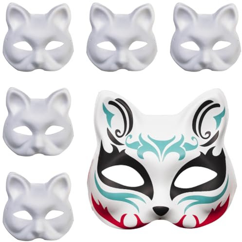 Helweet Weiße Katzenmaske, Cat Mask, Masken zum Bemalen, 6 Stück Leere Maske, Blank Gesichtsmaske, Pappmaché-Masken, Geeignet für Maskeraden, Bastelkurse, Singles Partys, Aufführungen, Karneval