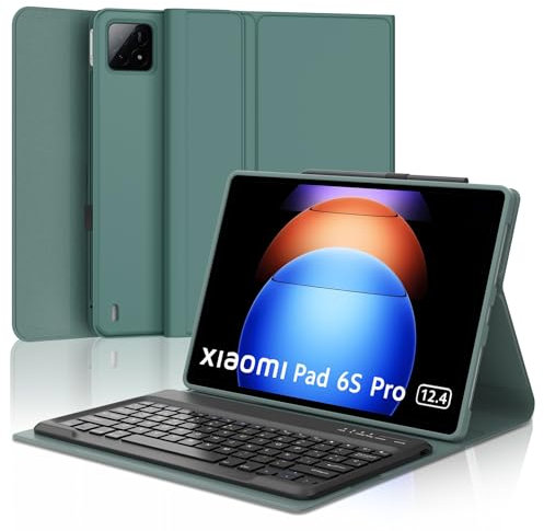 Funda con Teclado para Xiaomi Pad 6S Pro 12,4 2024 - Funda Teclado Xiaomi 6S Pro, Teclado Español Ñ Bluetooth Inalámbrico Extraíble para Tablet Xiaomi Pad 6S Pro 12.4 pulgadas 2024, Verde Oscuro