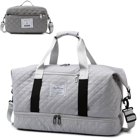 KAMEUN Reisetasche Damen Sporttasche Groß mit Schuhfach Wasserdicht Handgepäck Tasche mit Kosmetiktasche Travel Duffle Bag für Flugzeug Reise Gym (Grau)