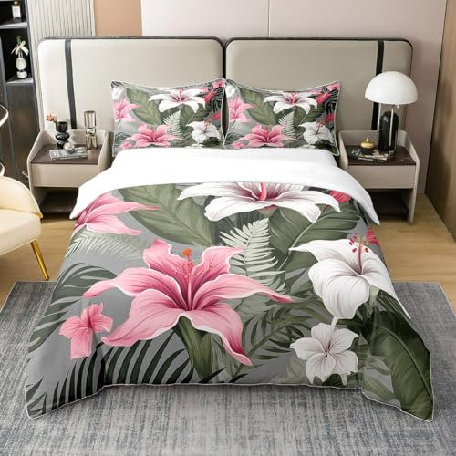 Coton Poudre de Lys Blancs Housse de Couette Fleurs de Lys Parure de Lit Feuilles de Palmier Tropical Literie Set de Plantes Vertes Couvre Lit Décor de Chambre avec 1 Taie d'oreiller 140x200