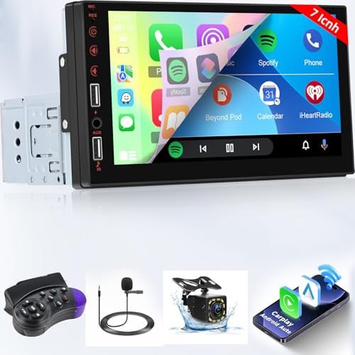 Autoradio 1 Din con Carplay e Android Auto - Autoradio Carplay da 7 Pollici con EQ, Mirror Link, Bluetooth, Radio FM, SWC, Ingresso AUX/USB + Telecamera di Backup + Microfono