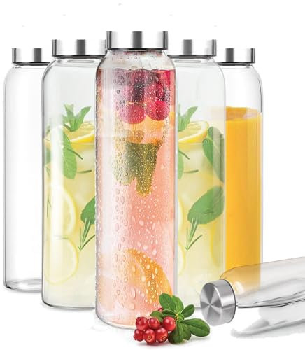 Brezzycloud Glass Fridge Water Bottle with Steel Cap | Leak proof & break-proof | Wide mouth & Easy to Clean | Best Usage for Office/School/College | Set of 6, 800ml | Clear