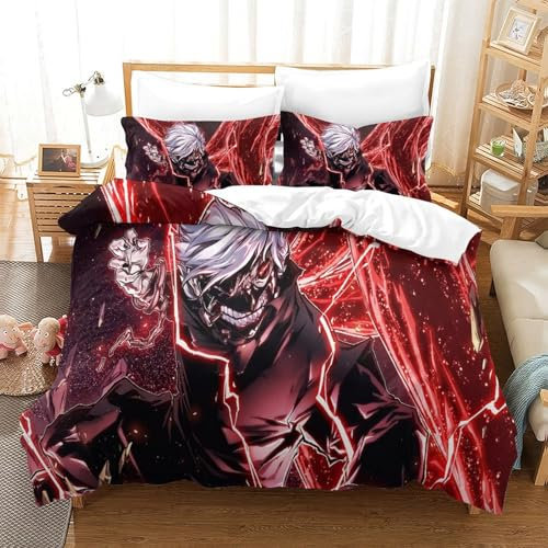 Rochile Tokyo Ghoul Bettwäsche Mikrofaser-Polyester Bettwäsche Set Für Mädchen Jungen 3D Druck Bettbezug Kissenbezug Dekoration Mit Reißveschluss King（220x240cm）